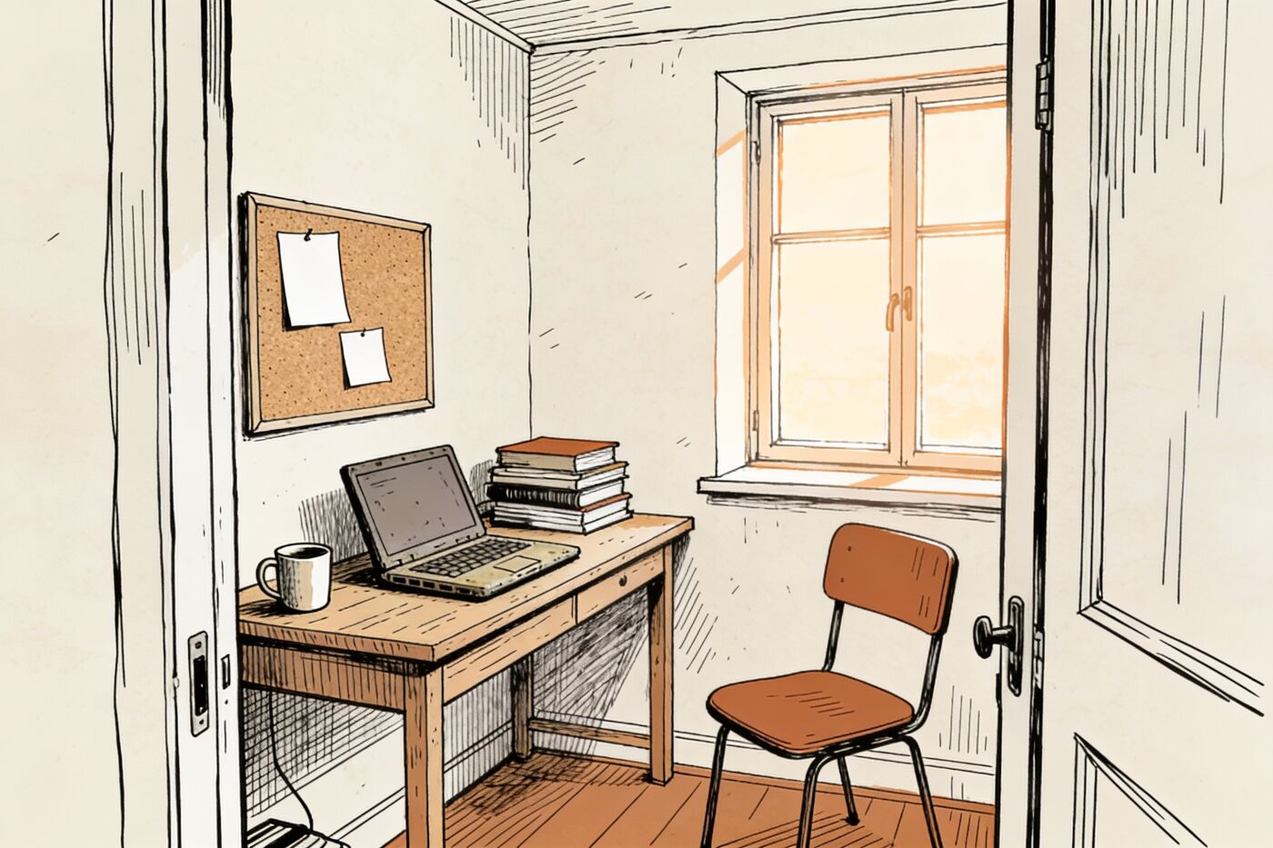 A desk with a laptop and an empty chair in a small office corner by the window
