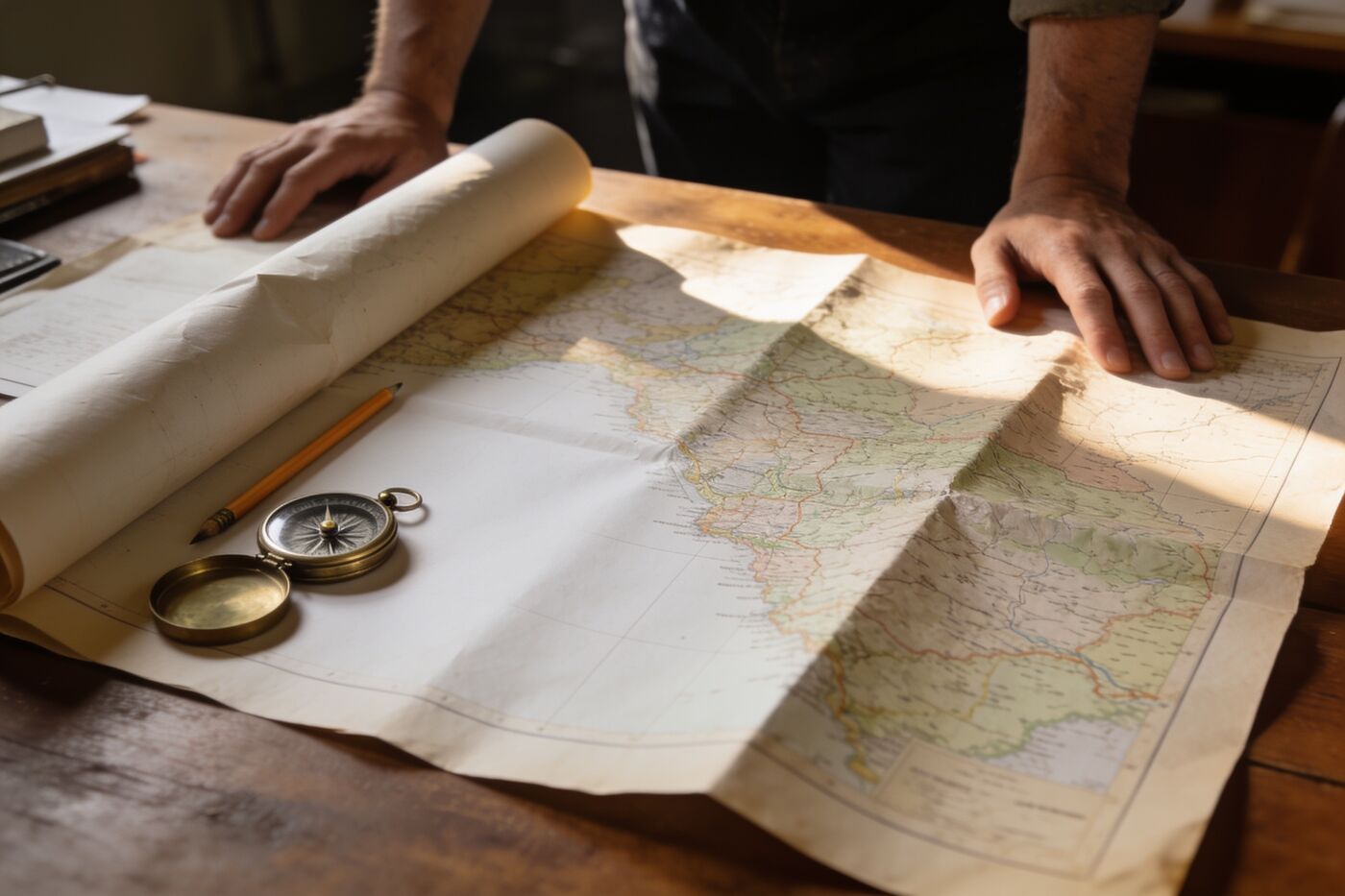 A map spread on a wooden desk with a compass and a pencil