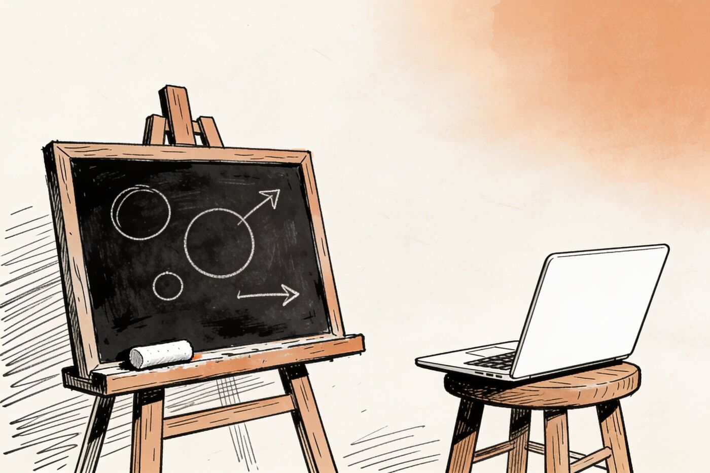 A chalkboard with doodles and a laptop listening from a stool