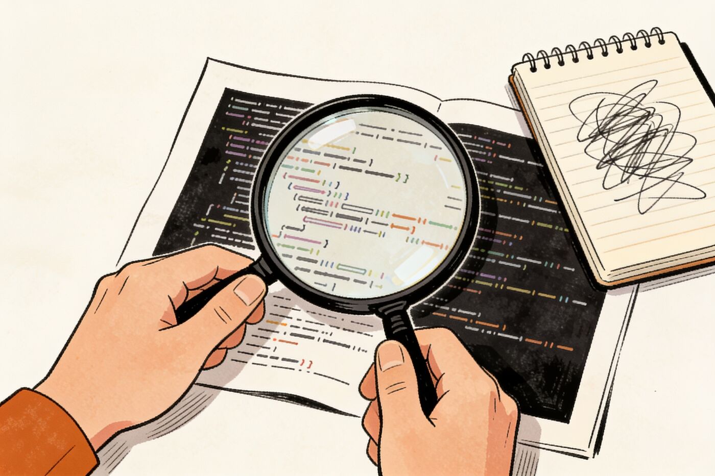 Two hands holding a magnifying glass over printed code