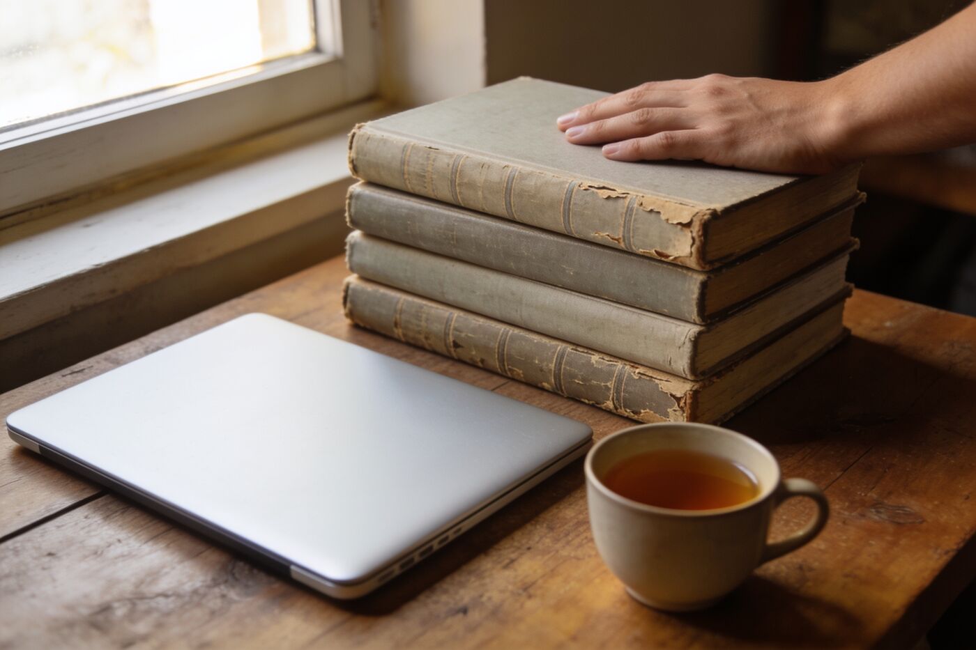 A hand on a stack of old books by the window, a closed laptop and a cup of tea