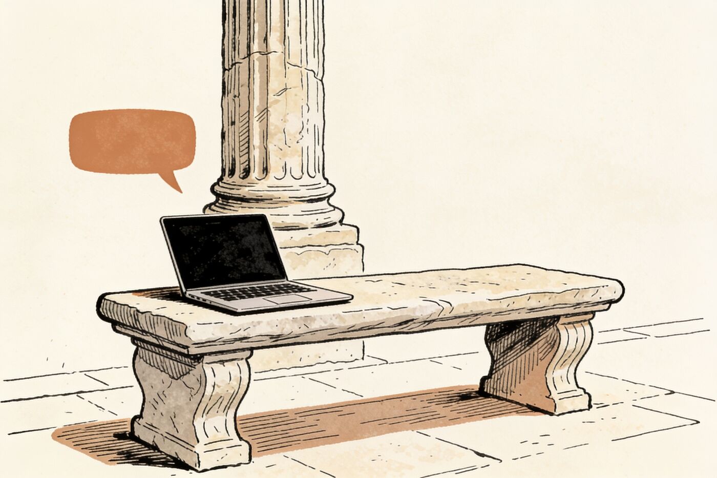 A laptop on a stone bench in front of an ancient column
