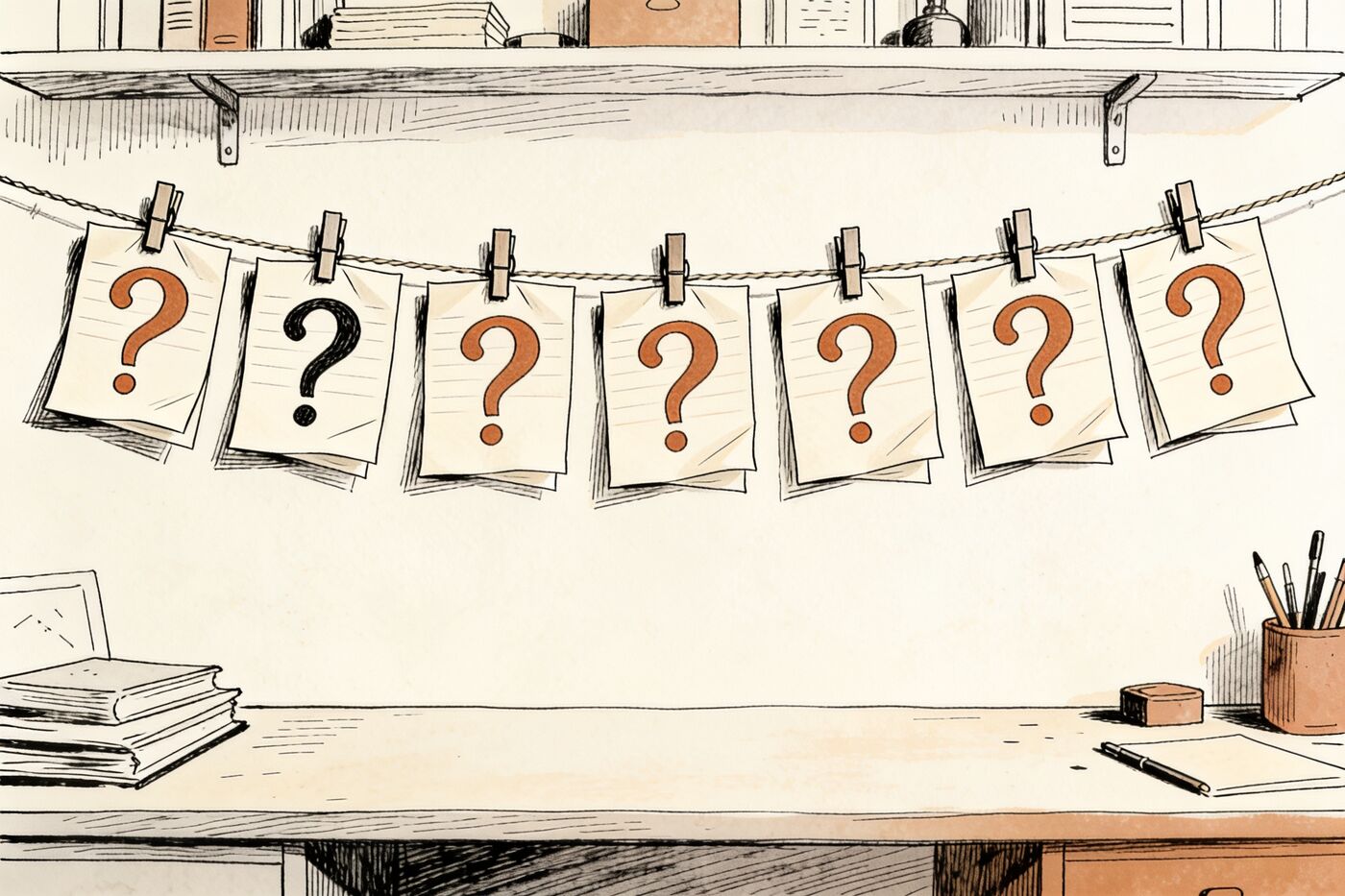 Seven question-mark cards pinned on a string above a desk