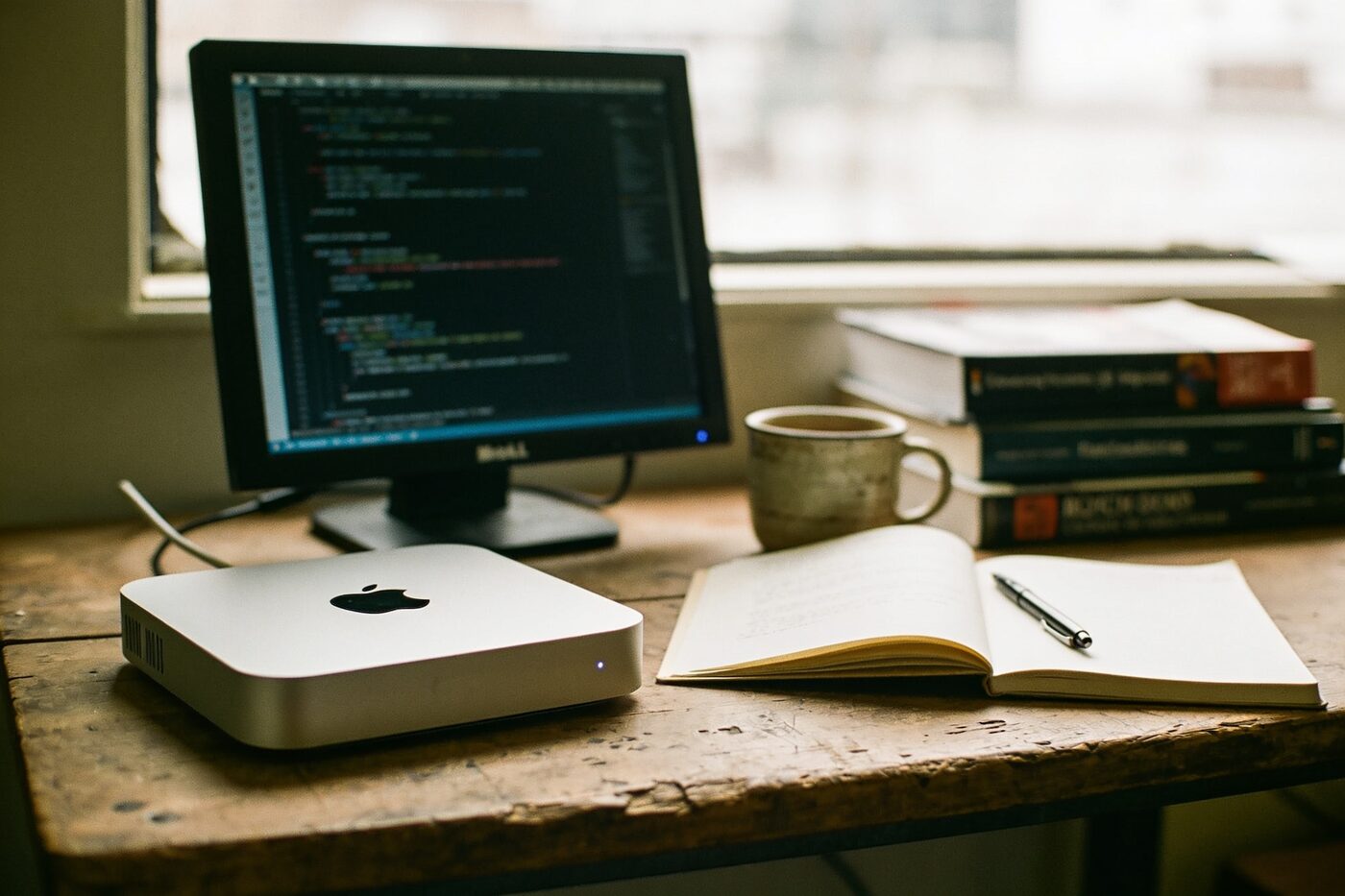 A Mac mini on a wooden desk by the window, with a terminal screen, an open notebook and a coffee mug